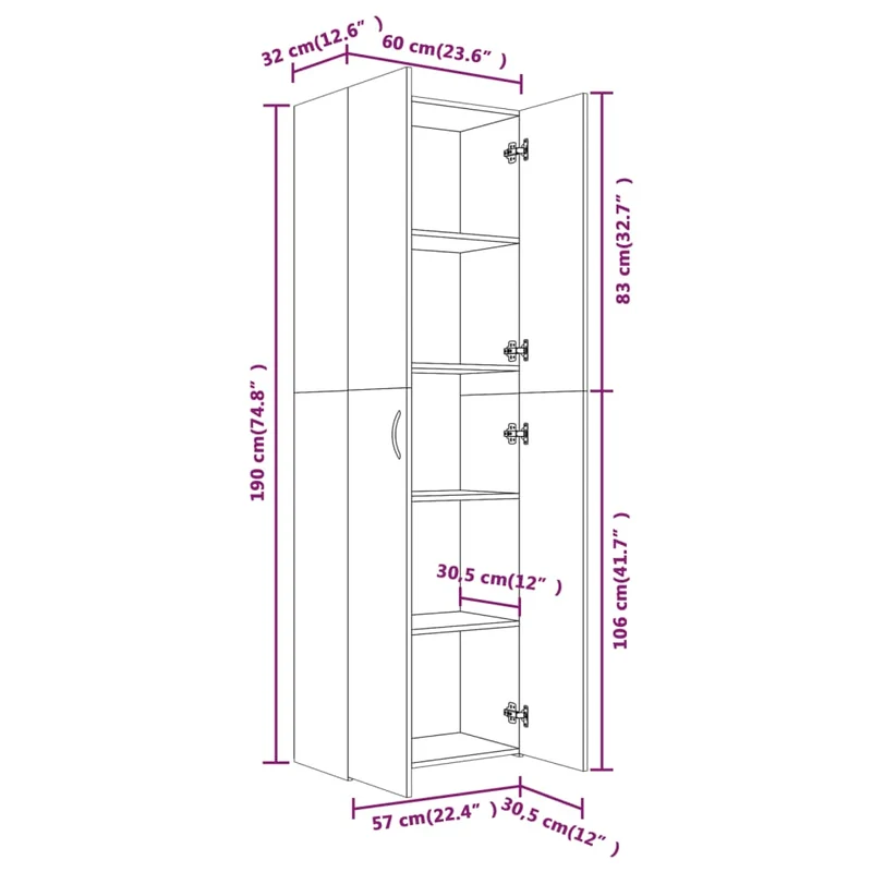 Meuble de bureau armoire de rangement 5 compartiments avec deux portes couleur chêne fumé 60 x 32 x 190 cm bois d'ingénierie brun DEC024462