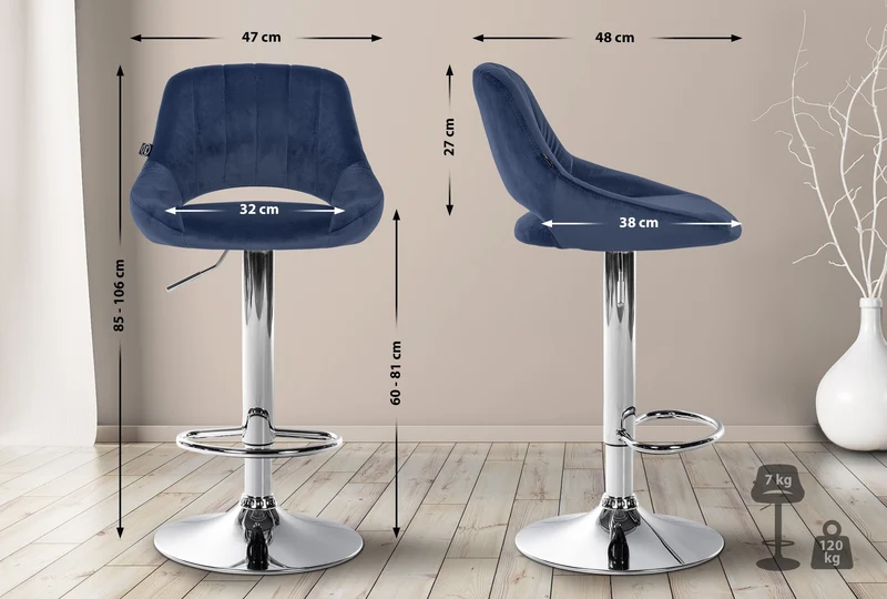 Lot de 2 tabourets de bar avec repose-pieds en forme d'arc assise en tissu velours bleu cadre en métal TDB10755