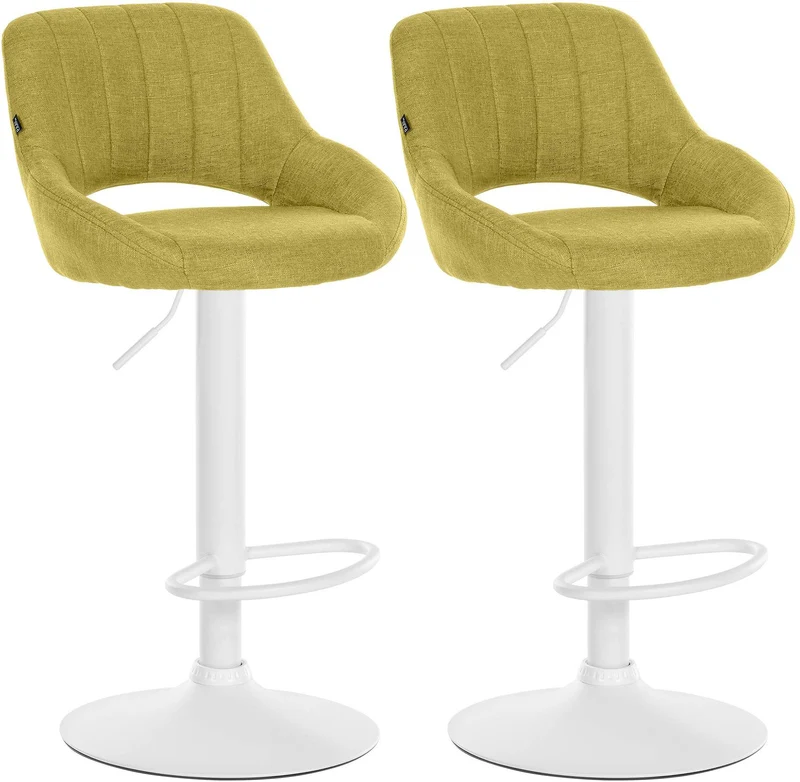 Lot de 2 tabourets de bar réglables en tissu vert dossier ajouré et pied métal blanc 10_0006541