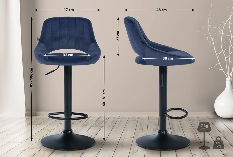 Lot de 2 tabourets de bar réglables en velours bleu dossier ajouré et pied métal noir 10_0006118