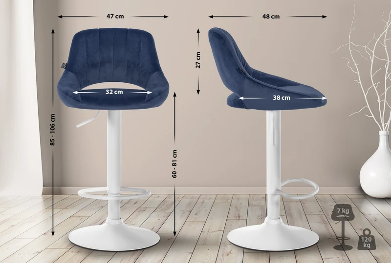 Tabouret de bar x1 réglable en hauteur en velours bleu dossier ajouré et pied métal blanc 10_0005729
