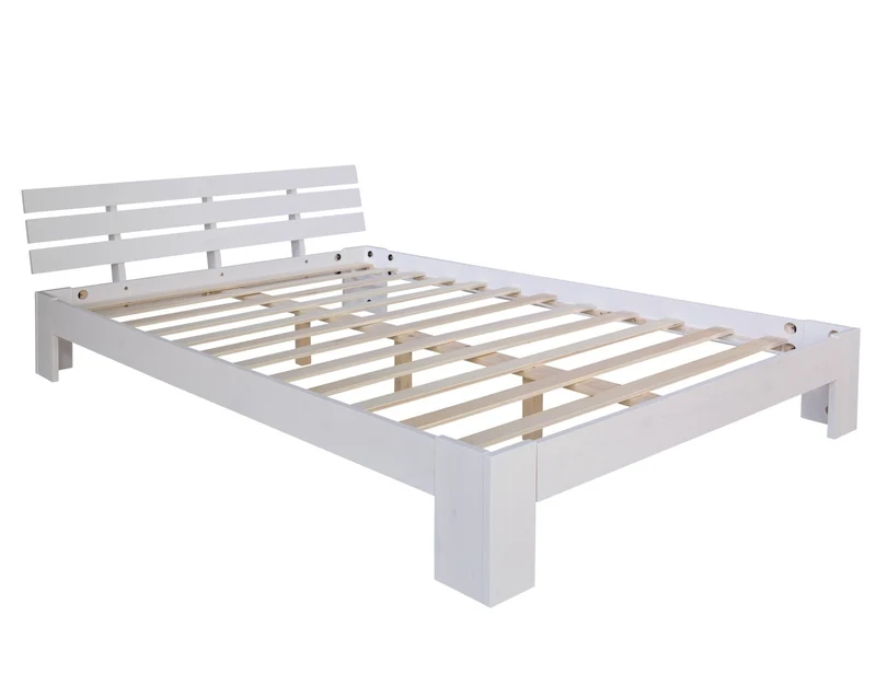 Lit double 2 personnes avec sommier à lattes en bois blanc 140x 200cm LIT06147