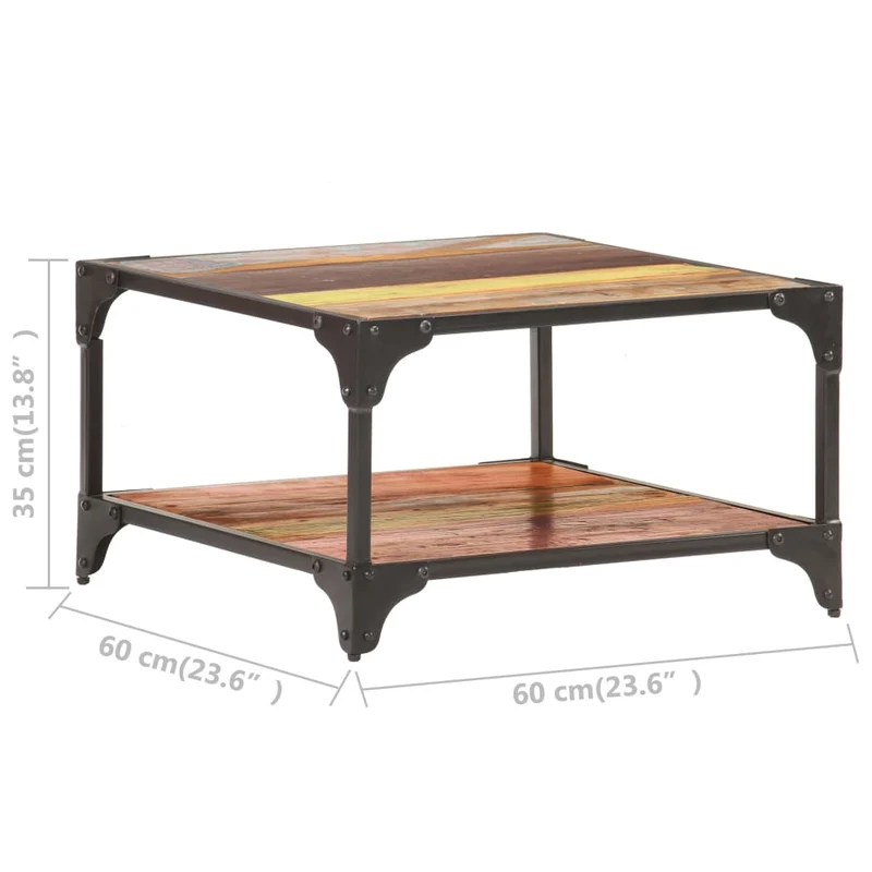 Table basse de salon design industriel 60 x 60 x 35 cm bois de récupération massif multicolore et fer DEC037105