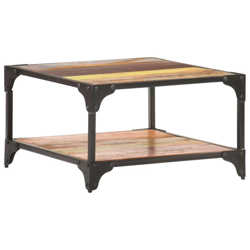 Table basse de salon design industriel 60 x 60 x 35 cm bois de récupération massif multicolore et fer DEC037105
