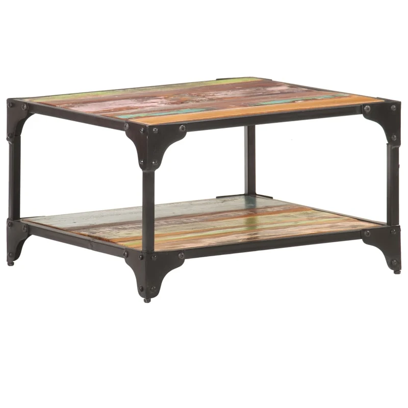Table basse de salon design industriel 60 x 60 x 35 cm bois de récupération massif multicolore et fer DEC037105