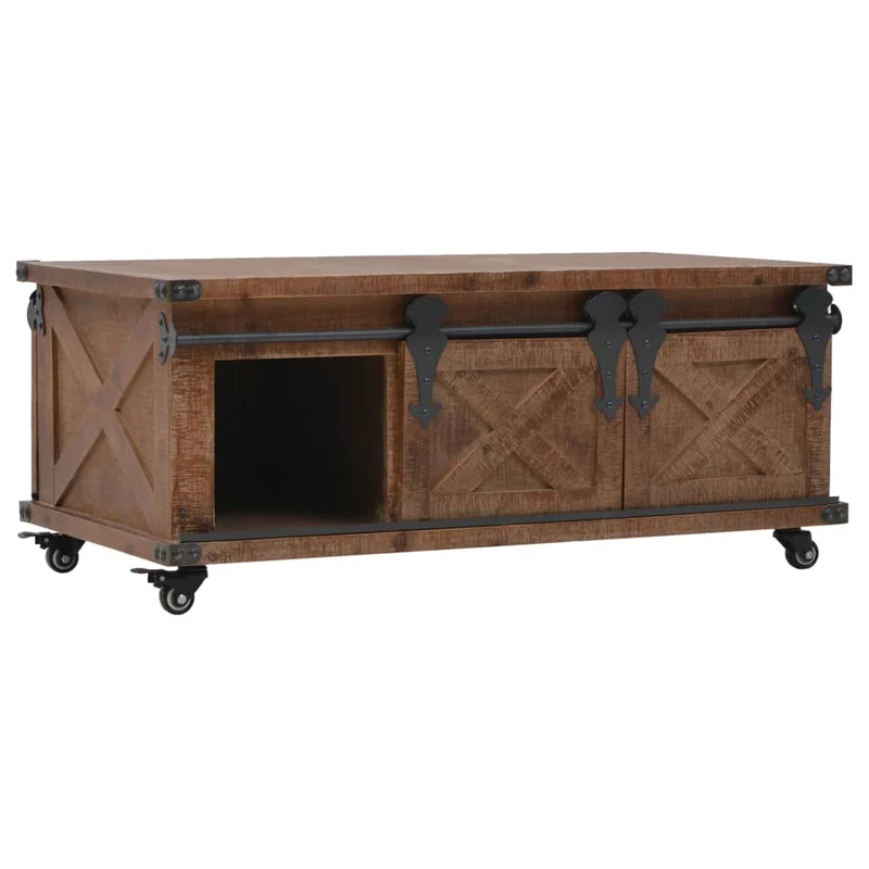 Table basse avec 3 compartiments design rustique 91 x 51 x 38 cm bois de sapin massif + MDF + acier DEC038262