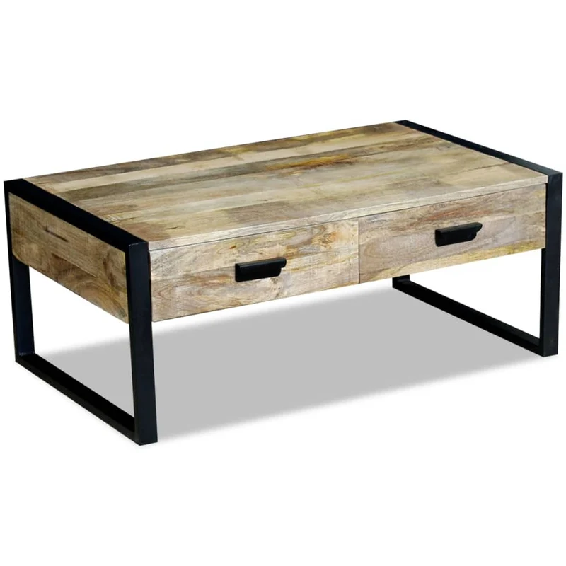 Table basse de salon design industriel avec 2 tiroirs en bois de manguier massif 100 x 60 x 40 cm DEC037317