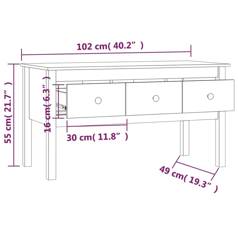 Table basse avec 3 tiroirs design rustique moderne 102 x 49 x 55 cm bois massif de pin gris DEC039157