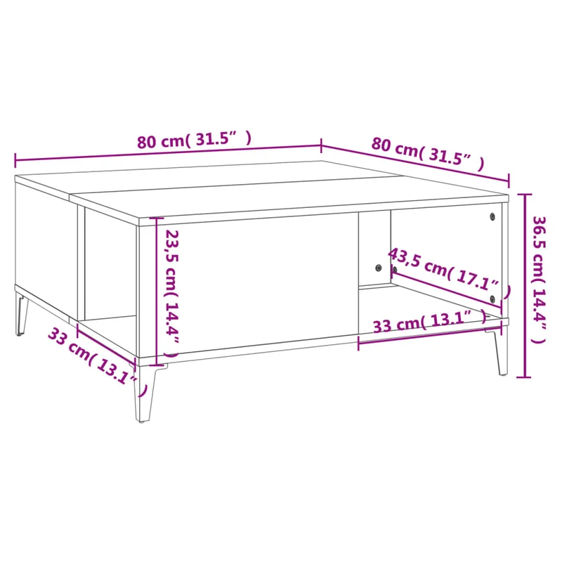Table basse design moderne 80 x 80 x 36,5 cm bois d'ingénierie couleur chêne et métal DEC039007
