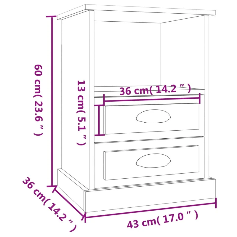 Table de chevet avec avec 2 tiroirs et compartiment ouvert 43 x 36 x 60 cm bois d'ingénierie gris DEC034040