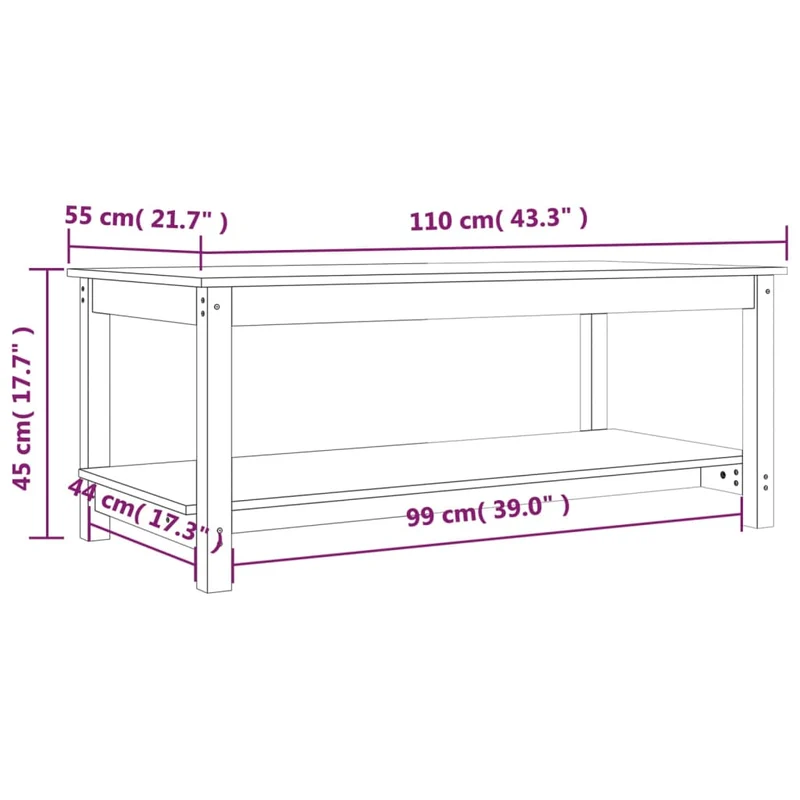Table basse avec étagère design rustique 110 x 55 x 45 cm bois massif de pin marron DEC039474