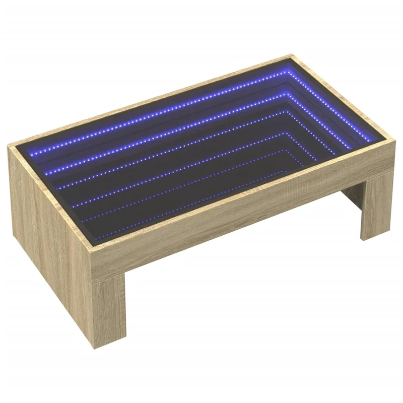 Table basse de salon design moderne avec LED 90 x 50 x 30 cm bois d'ingénierie couleur chêne et verre DEC037489