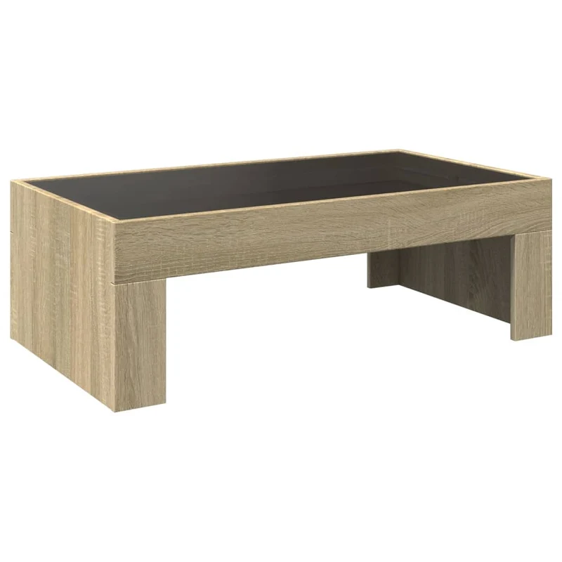 Table basse de salon design moderne avec LED 90 x 50 x 30 cm bois d'ingénierie couleur chêne et verre DEC037489