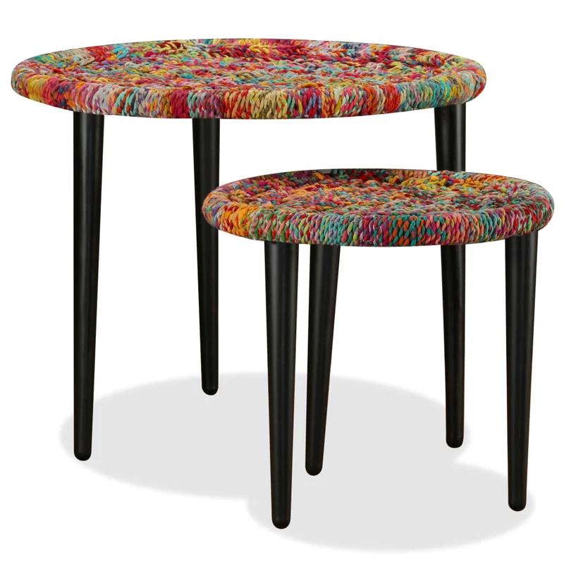 Lot de 2 tables d'appoint de salon design moderne en tissés chindi multicolore et acier DEC037035