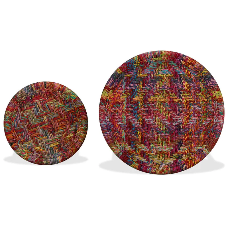 Lot de 2 tables d'appoint de salon design moderne en tissés chindi multicolore et acier DEC037035