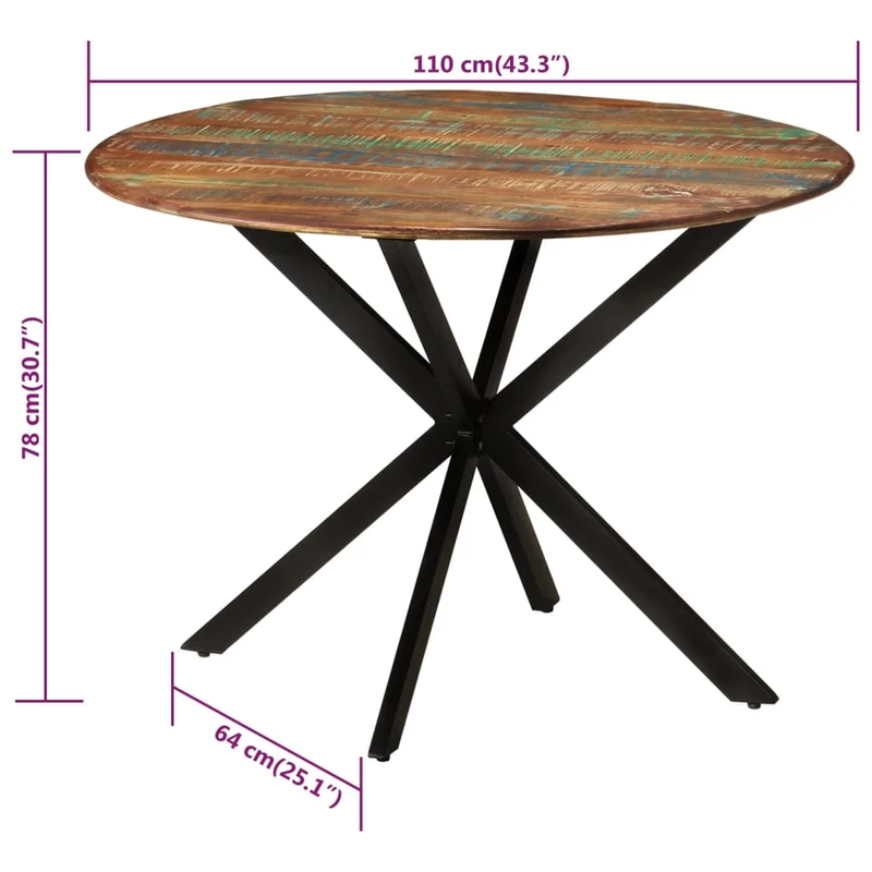 Table de salle à manger design industriel ø110 x 78 cm bois de récupération massif et acier DEC036683