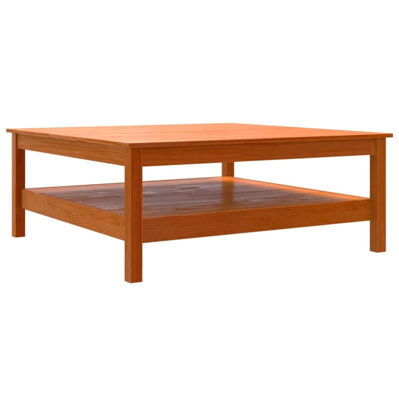 Table basse avec étagère design rustique 100 x 100 x 40 cm bois massif de pin couleur cire marron DEC039081