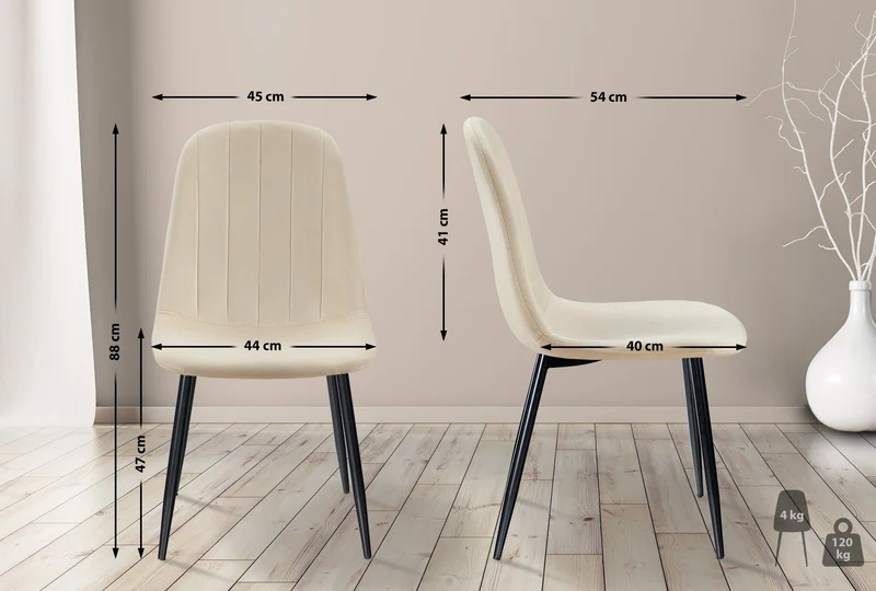 Chaise de salle à manger x1 design moderne coutures verticales velours crème et pieds en métal noir 10_0001981