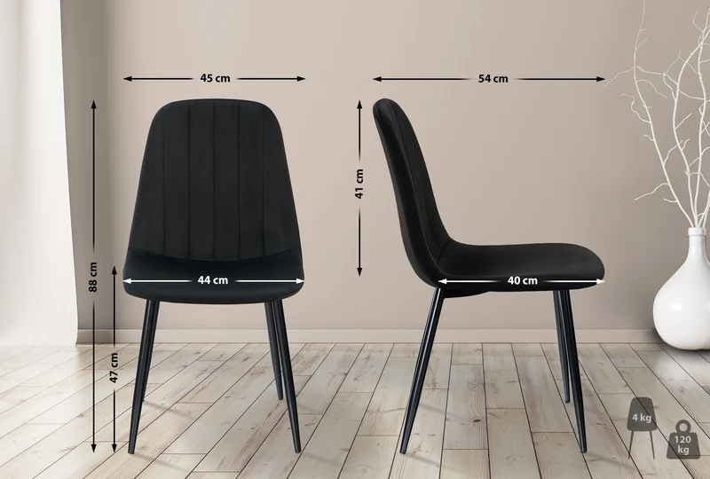 Chaise de salle à manger x1 design moderne coutures verticales velours noir et pieds en métal noir 10_0001987