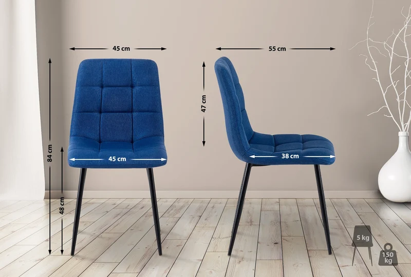 Chaise de salle à manger x1 coutures forme carrées en tissu bleu pieds en métal noir 10_0001974