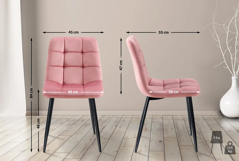 Chaise de salle à manger x1 coutures forme carrées en velours rose pieds en métal noir 10_0001970