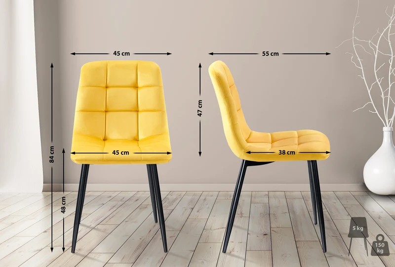 Chaise de salle à manger x1 coutures forme carrées en tissu velours jaune pieds en métal noir 10_0001967