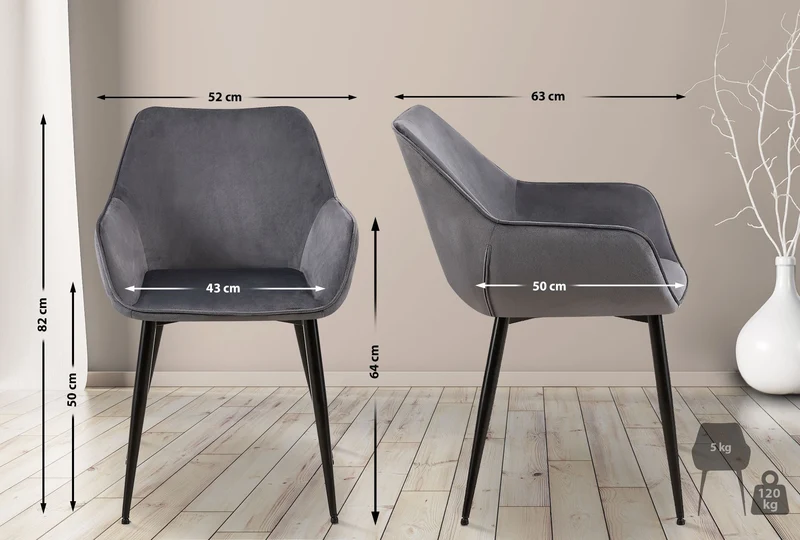 Chaise de salle à manger bureau salle d'attente x1 en velours gris foncé et métal noir 10_0002148