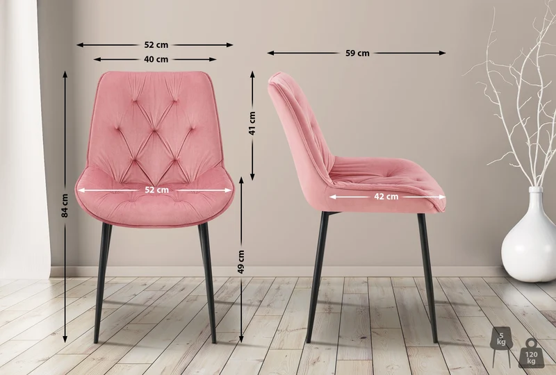 Chaise de salle à manger x1 assise et dossier capitonné en velours rose et métal noir 10_0002166