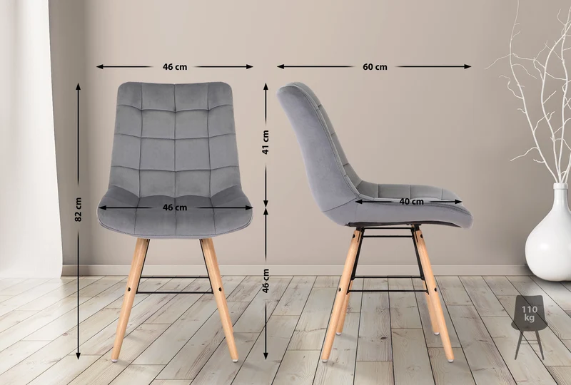 Chaise de salle à manger x1 style scandinave couture carrée en velours gris et pieds en bois 10_0002264
