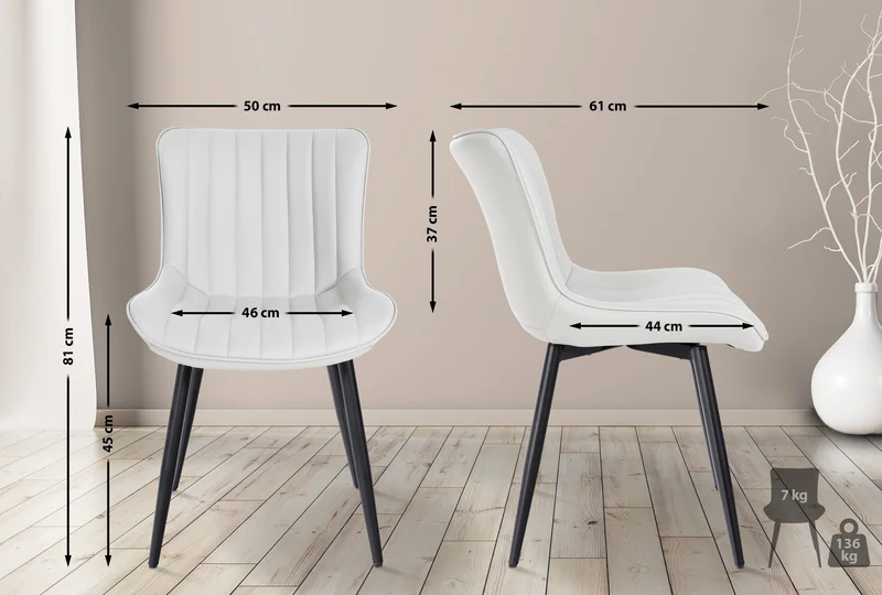 Chaise de salle à manger x1 coutures décoratives verticales avec pieds en métal noir assise en PVC blanc 10_0002258