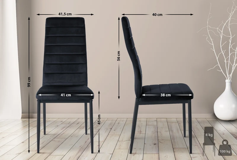 Chaise de salle à manger x1 design simple en velours noir avec couture décorative cadre en métal noir 10_0002060