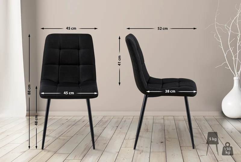 Chaise de salle à manger x1 coutures décoratives carrées en tissu noir et métal noir 10_0002139