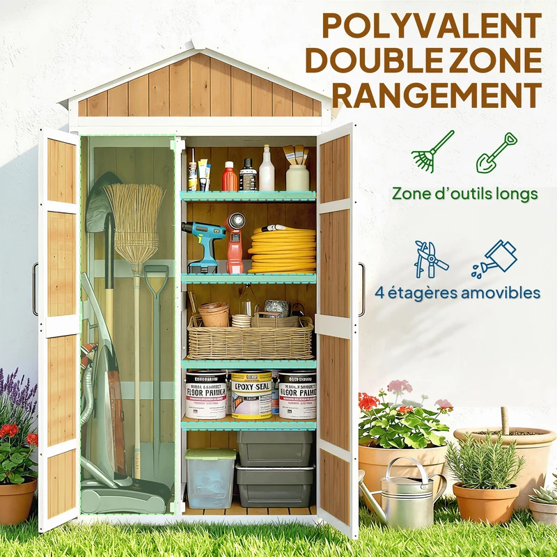 Armoire de jardin abri 105 x 55 x 179 cm étanche toit galvanisé double porte rangement organisé rustique en bois naturel 21_0005652