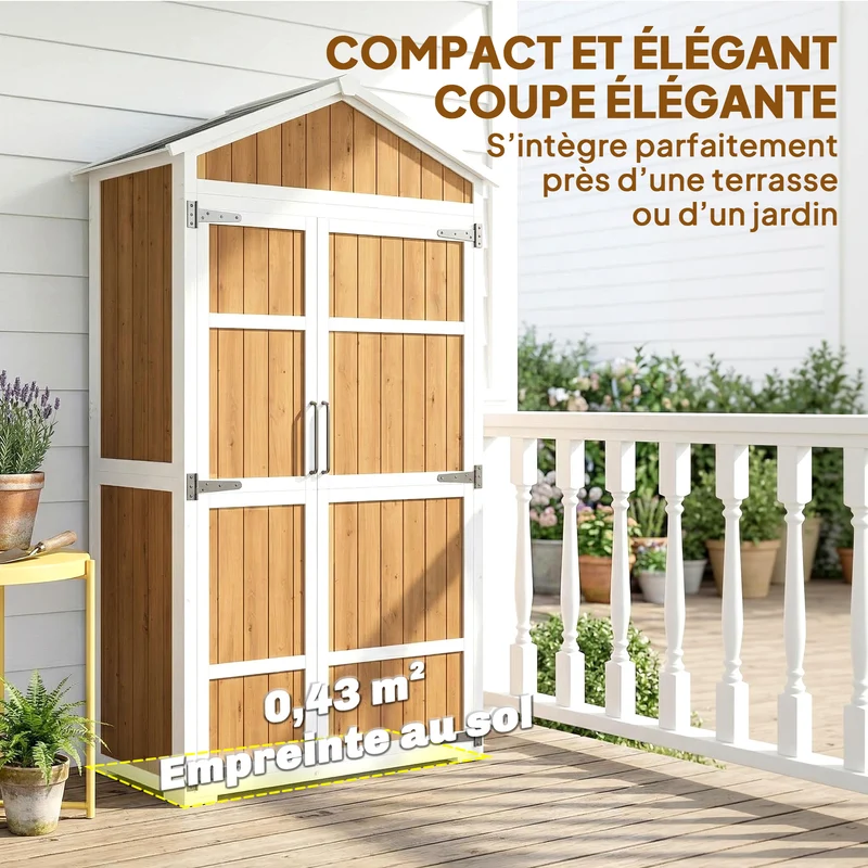 Armoire de jardin abri 105 x 55 x 179 cm étanche toit galvanisé double porte rangement organisé rustique en bois naturel 21_0005652