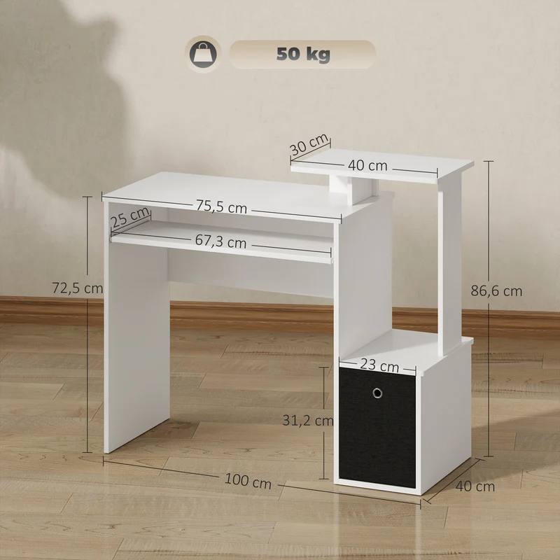Bureau informatique compact tablette clavier 100 x 40 x 86,6 cm gain de place moderne en panneaux de particules blanc 21_0002444