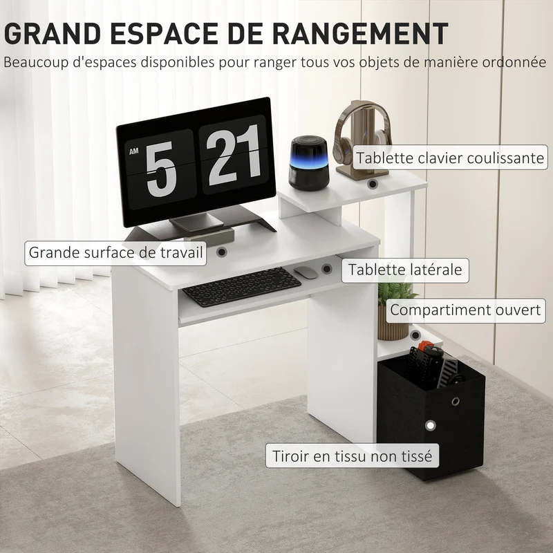 Bureau informatique compact tablette clavier 100 x 40 x 86,6 cm gain de place moderne en panneaux de particules blanc 21_0002444