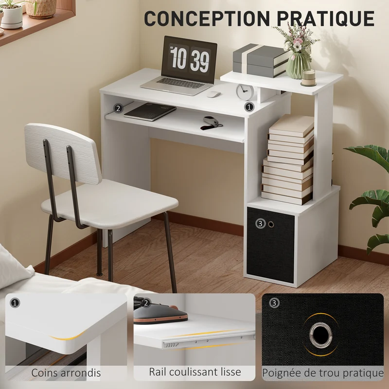 Bureau informatique compact tablette clavier 100 x 40 x 86,6 cm gain de place moderne en panneaux de particules blanc 21_0002444