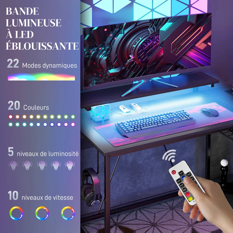 Bureau d'angle ordinateur 107 x 80 x 90 cm avec led télécommande prises usb intégrées rangement moderne en mélamine noir 21_0006132