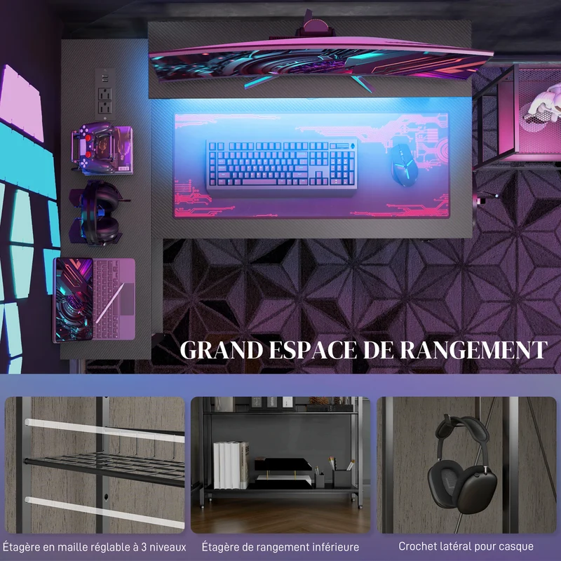 Bureau d'angle ordinateur 107 x 80 x 90 cm avec led télécommande prises usb intégrées rangement moderne en mélamine noir 21_0006132