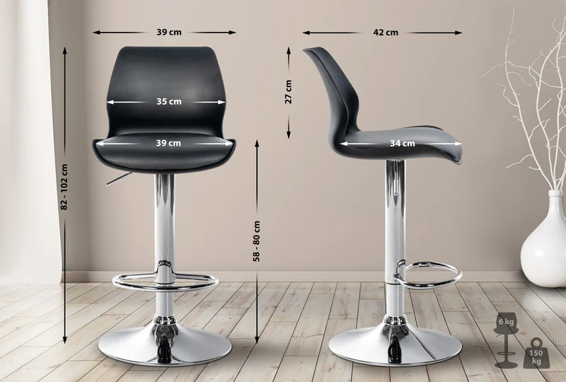 Lot de 2 tabourets de bar avec repose-pieds hauteur réglable pivotant en PVC et plastique noir et métal 10_0004170
