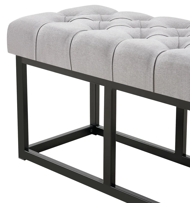 Banc capitonné rembourré 100 cm tissu gris avec structure en métal noir design contemporain 10_0008731