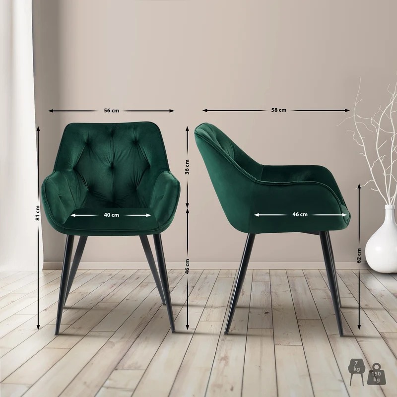 Lot de 2 chaises de salle à manger avec revêtement en velours vert cadre métal noir style moderne et contemporain 10_0006051