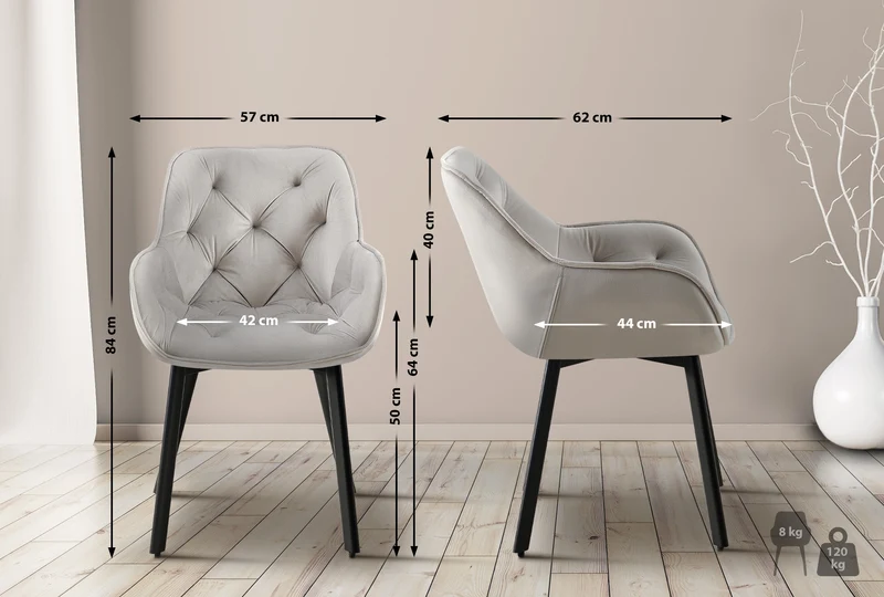 Chaise de salle à manger x1 assise pivotante en velours gris clair motif matelassé cadre métal 10_0007376