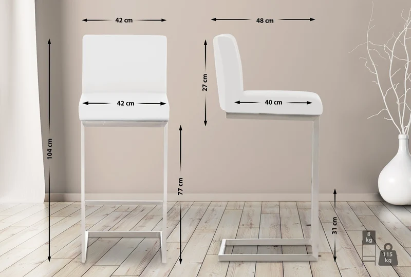 Tabouret de bar x1 design moderne support en acier inoxydable assise en PVC blanc 10_0005318