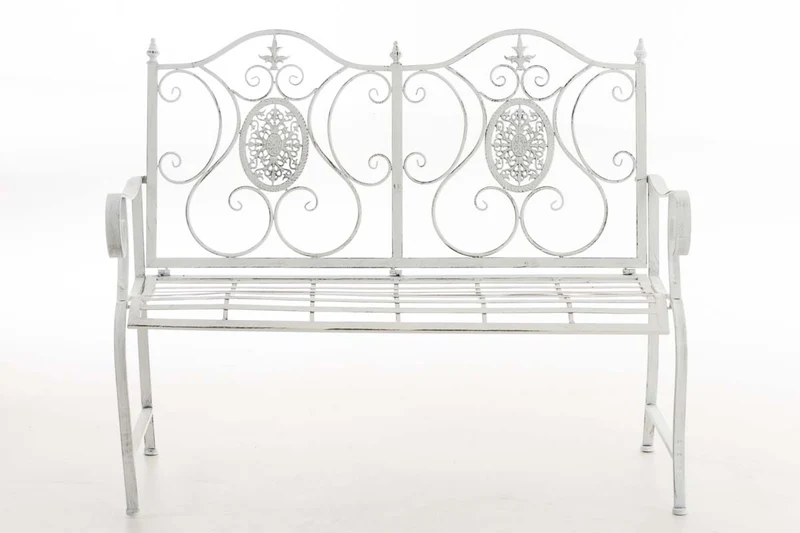 Banc de jardin balcon terrasse style rustique largeur 116 cm en métal blanc vieilli 10_0002924