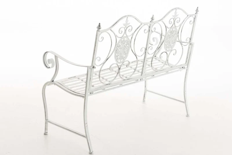 Banc de jardin balcon terrasse style rustique largeur 116 cm en métal blanc vieilli 10_0002924