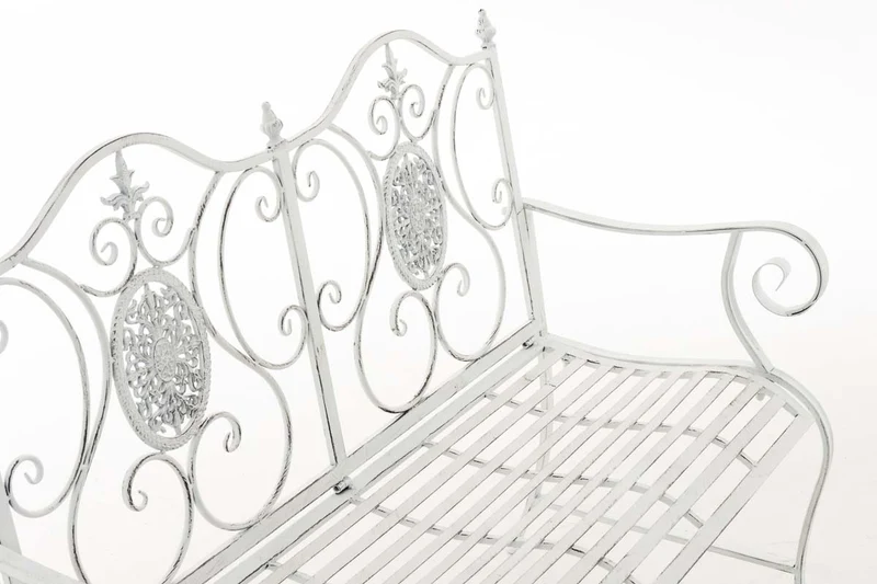 Banc de jardin balcon terrasse style rustique largeur 116 cm en métal blanc vieilli 10_0002924