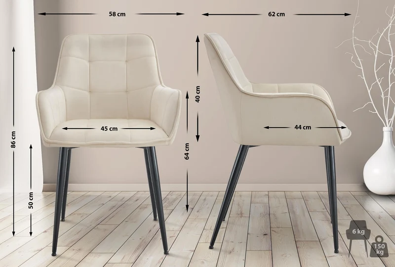 Lot de 2 chaises de salle à manger avec accoudoirs en velours crème capitonné cadre métal noir 10_0007509
