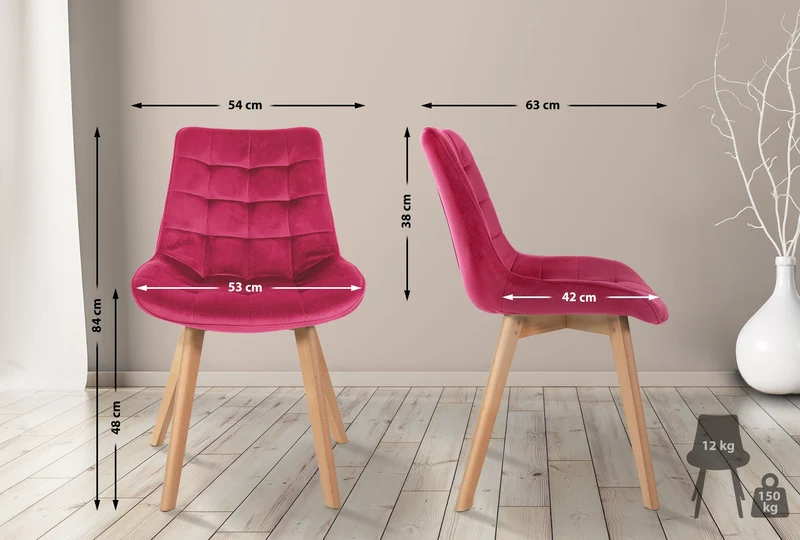 Lot de 2 chaises de salle à manger design scandinave coutures carrées en velours rouge pieds en bois clair 10_0007325