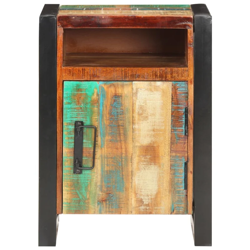 Table de chevet avec compartiment avec porte 40 x 35 x 55 cm bois de récupération coloré aspect vieilli DEC033005